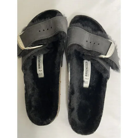 Birkenstock Madrid Big Buckle Black Oiled Leather Shearling Size 37 6 Narrow New